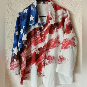 American Flag 4th Of July Patriotic Button Up Blouse Shirt Women’s 3XL